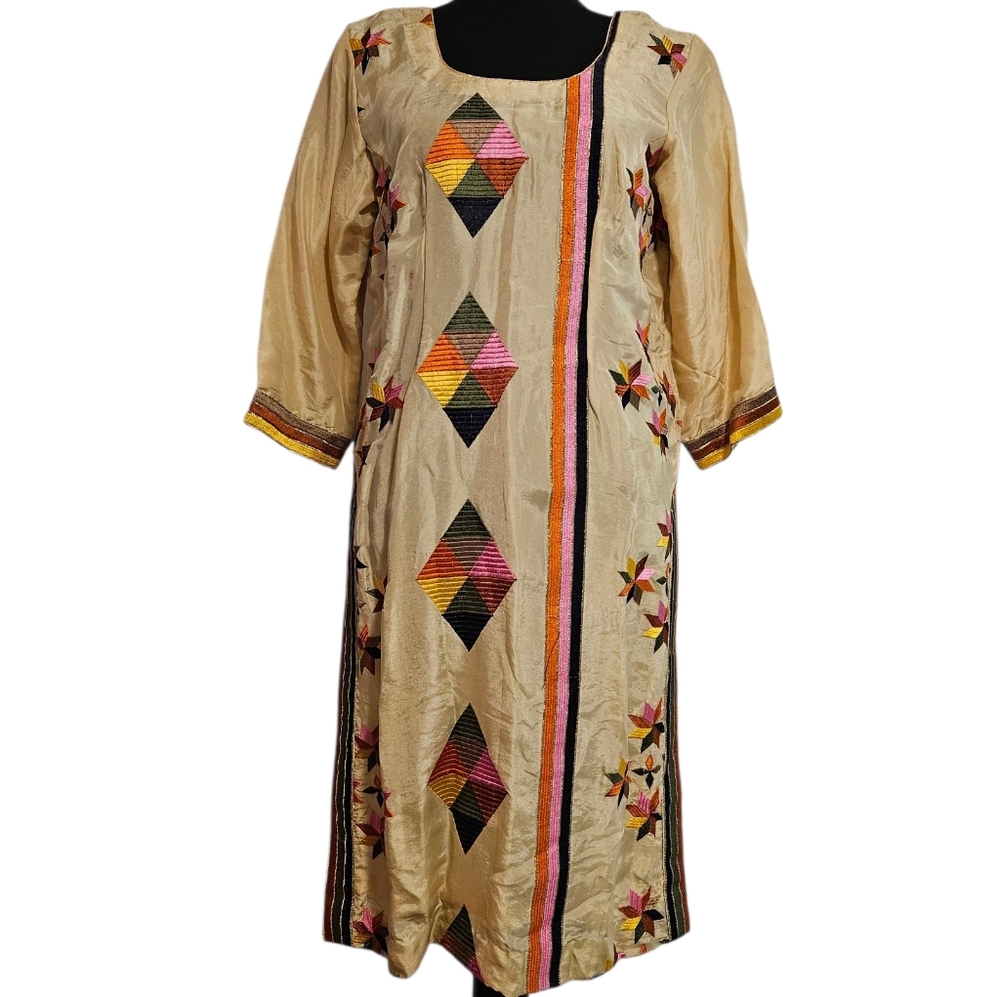 Handmade Art To Wear Cream Festival Geometric Boho Kaftan/Tunic/Kurta Sz M